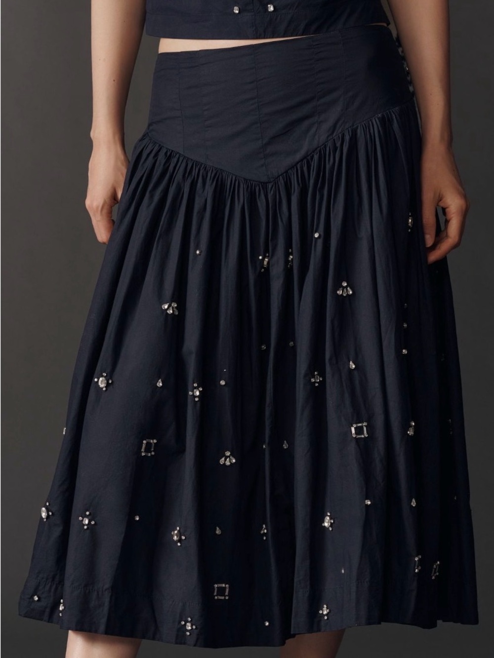 Maeve Anthropologie Basque Waist Embroidered Rhinestone Navy Midi Skirt